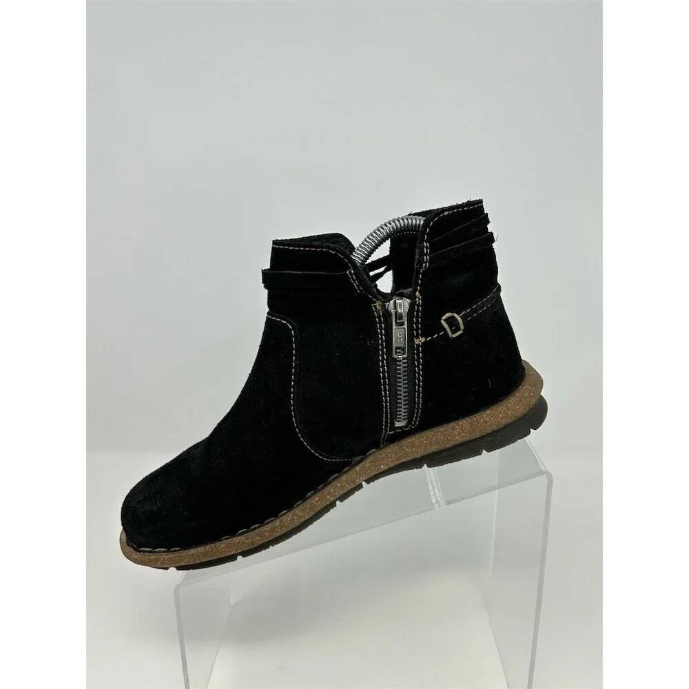 Børn Women's Black Suede Ankle Booties Side Zip Buckle Comfort Lug Sole Size 7.5